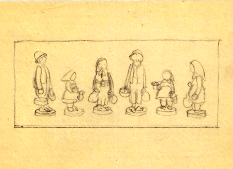 [Translate to Englisch (Intl):] Skizze von der Beerensammlergruppe. 3 Figuren in verschiedenen Perspektiven. Bleistiftzeichnung.