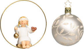 5226/6312/2silber, Angel in Ring, with Gingerbread Heart and Bauble; Glass Bauble, Silver