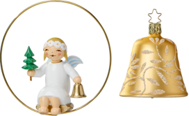 5226/6312/1gold, Angel in Ring with Little Tree and Bell; Glass Bell, Gold