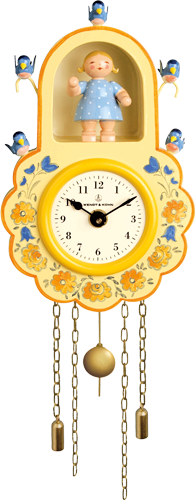 Wall Clock, Yellow, with Girl and Birds