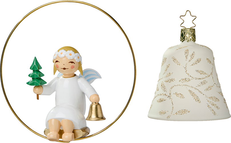 Angel in Ring with Little Tree and Bell; Glass Bell, White